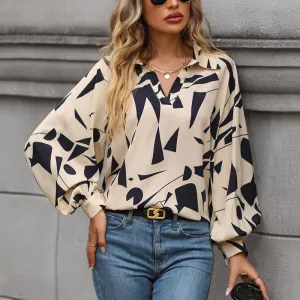 Abstract Khaki & Black Fashion Long Sleeve Blouse