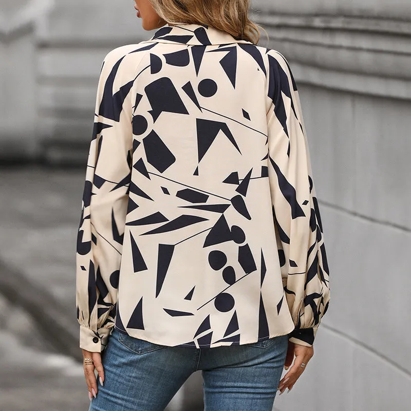 Abstract Khaki & Black Fashion Long Sleeve Blouse