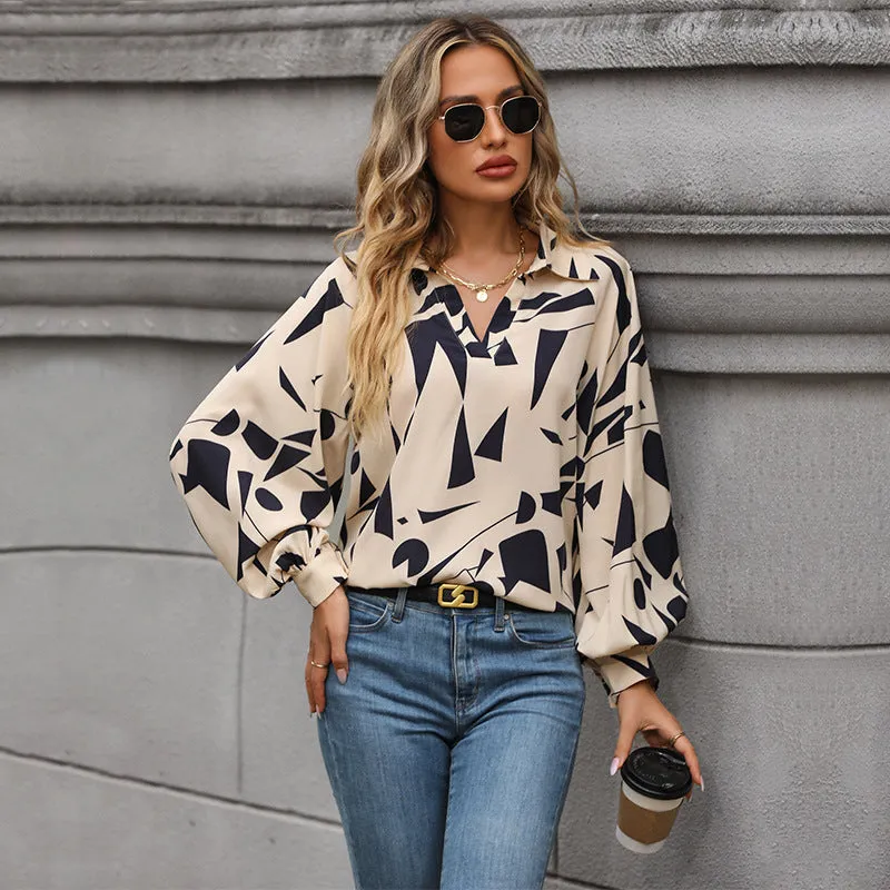 Abstract Khaki & Black Fashion Long Sleeve Blouse