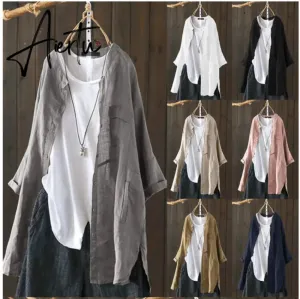 Aiertu Womens Shirts Vintage Cotton Tunic Casual Long Sleeve Shirt Button Cardigans Female Soid Patchwork Tops