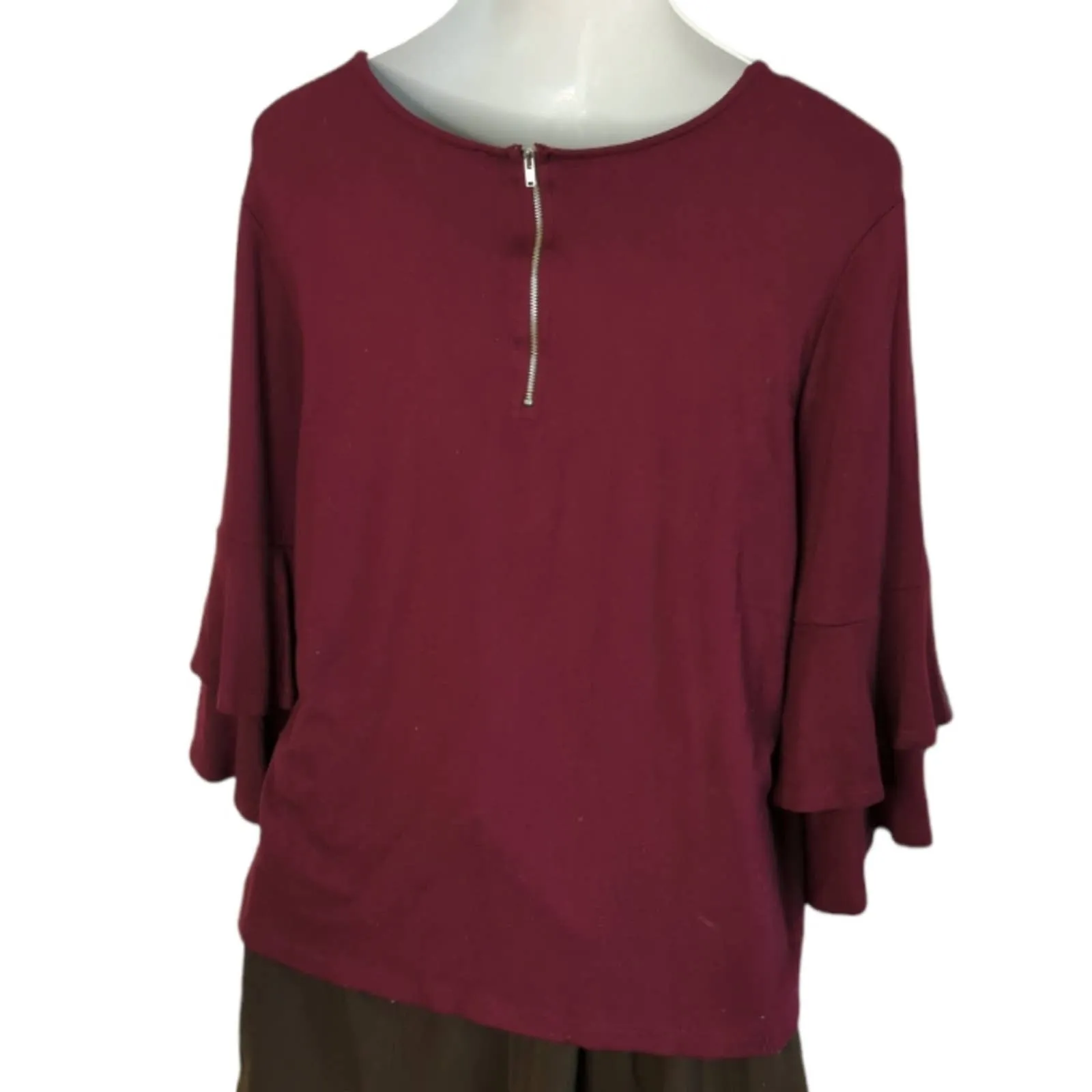 ANTHROPOLOGIE W5 Burgundy Heavy Knit Career Top with 3/4 Ruffle Sleeves XL