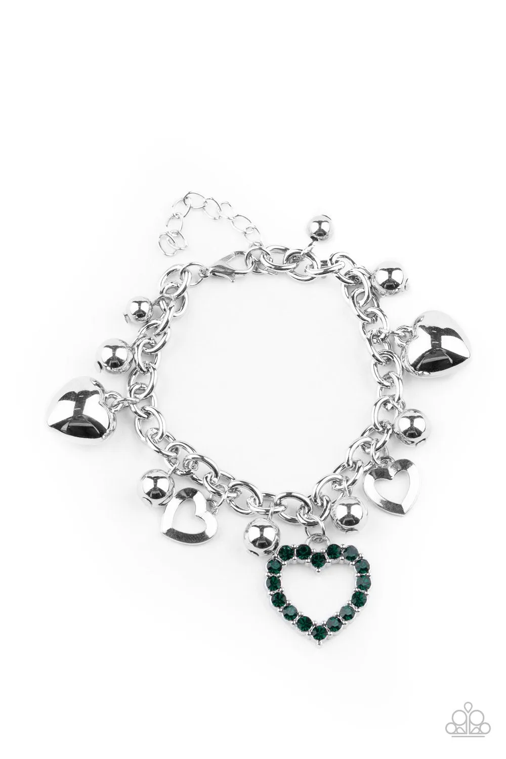 Beautifully Big-Hearted Green Rhinestone and Silver Heart Charm Bracelet - Paparazzi Accessories