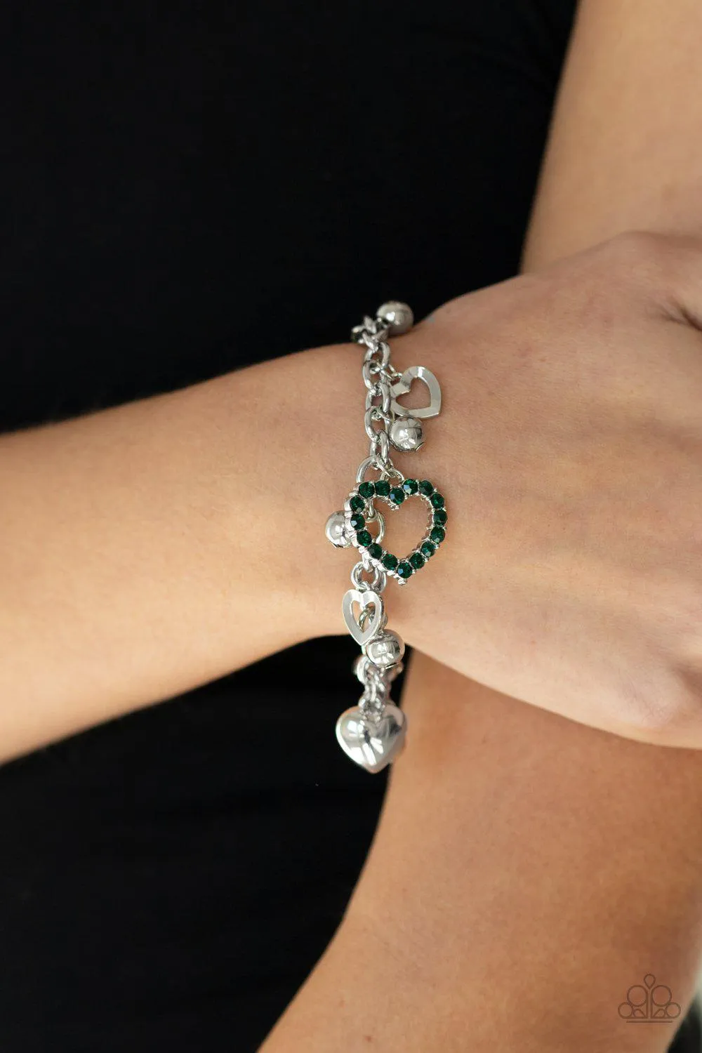 Beautifully Big-Hearted Green Rhinestone and Silver Heart Charm Bracelet - Paparazzi Accessories