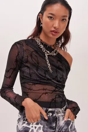 Black Mesh Barbed Wire Glitter Off The Shoulder Top