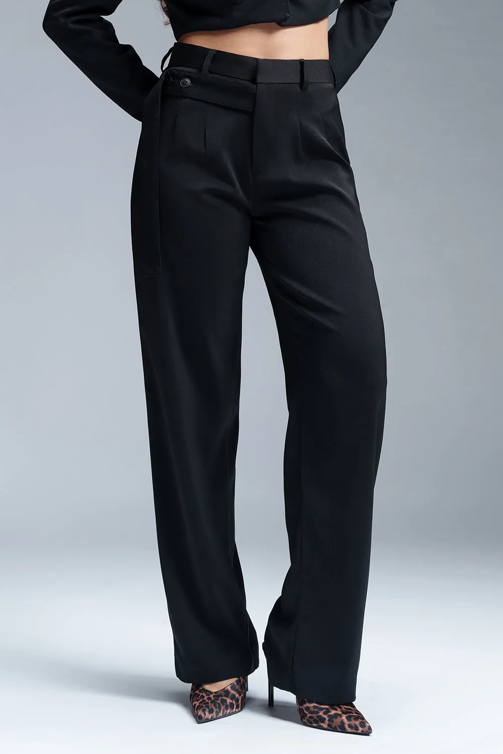 Black Nova Strap Detailed Korean Pants