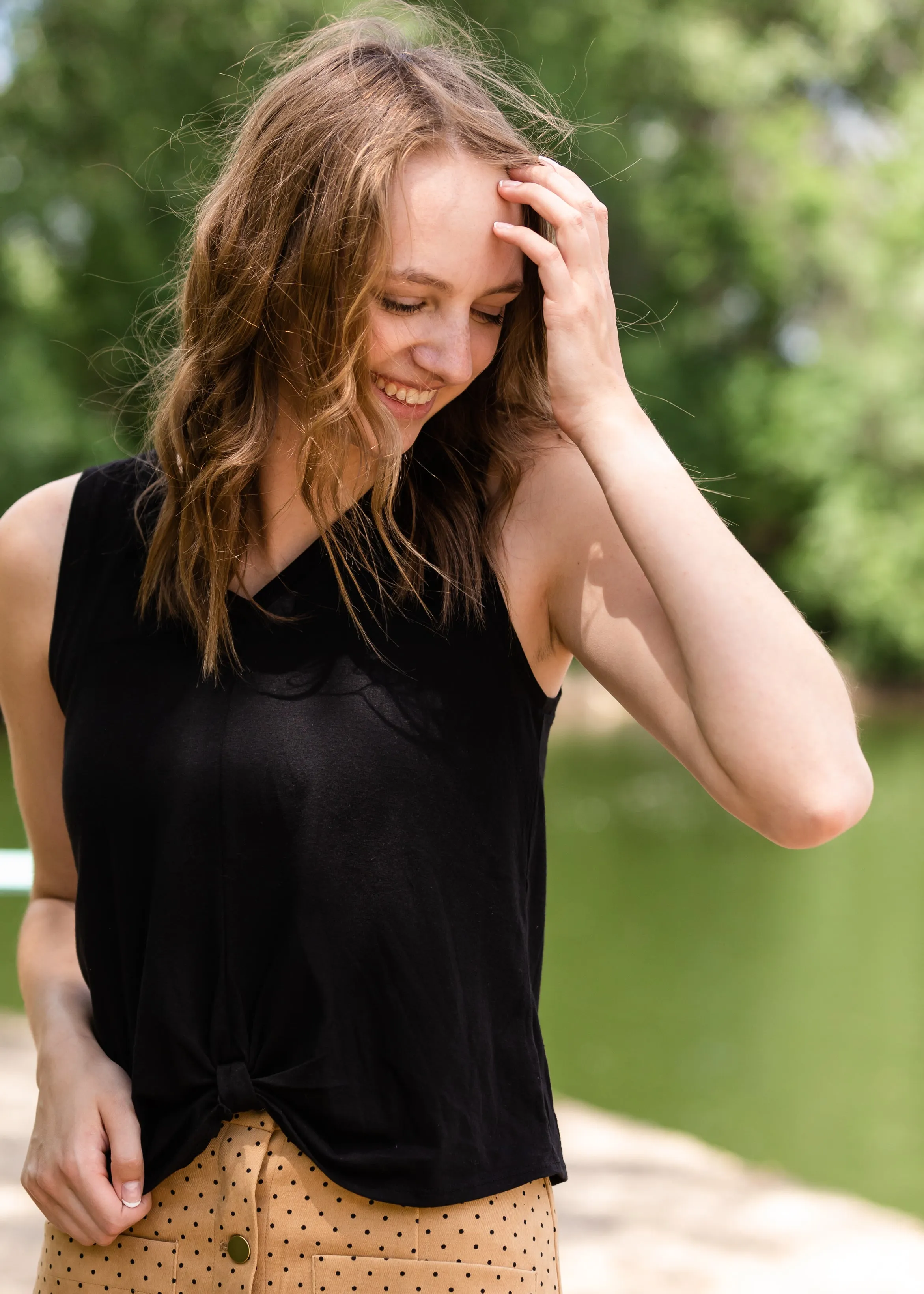 Black Triblend Front Knot Tank Top