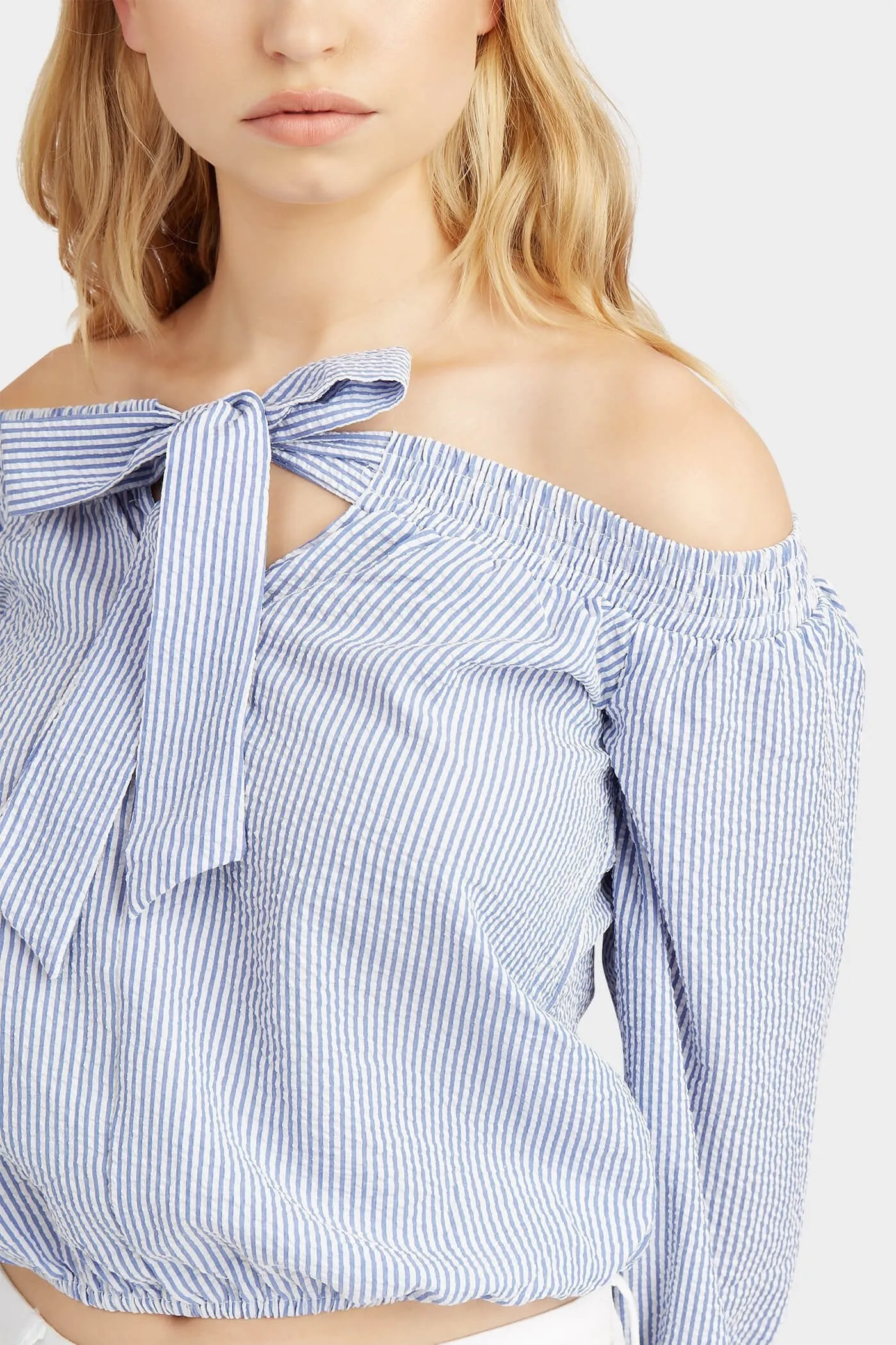 Blue Stripe Bardot Top With Bow