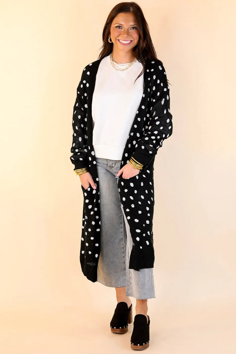 Boho Lifestyle Long Sleeve Polka Dot Duster Cardigan in Black