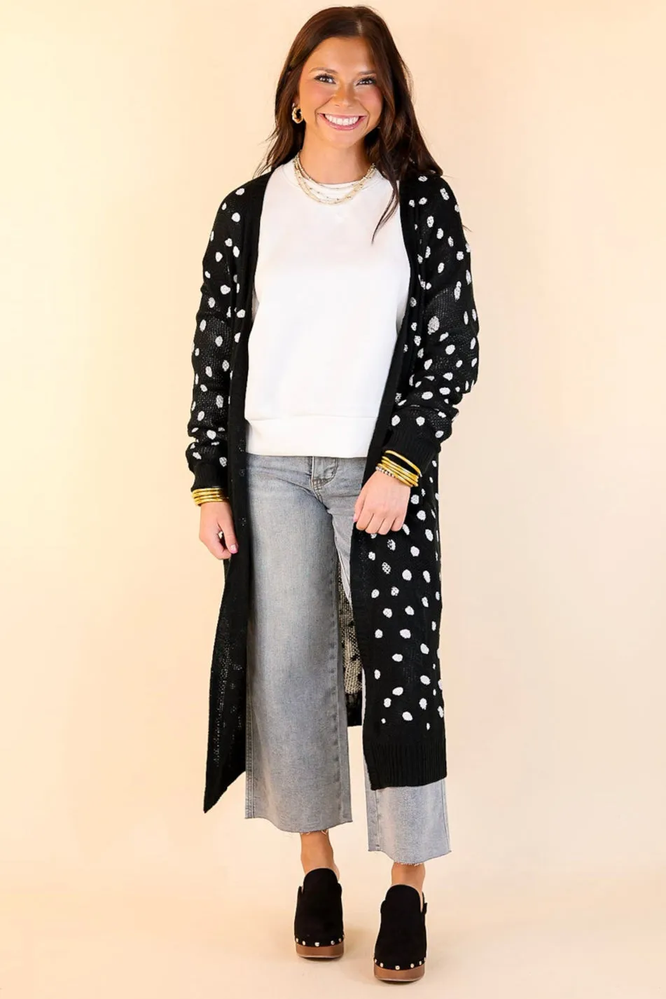 Boho Lifestyle Long Sleeve Polka Dot Duster Cardigan in Black