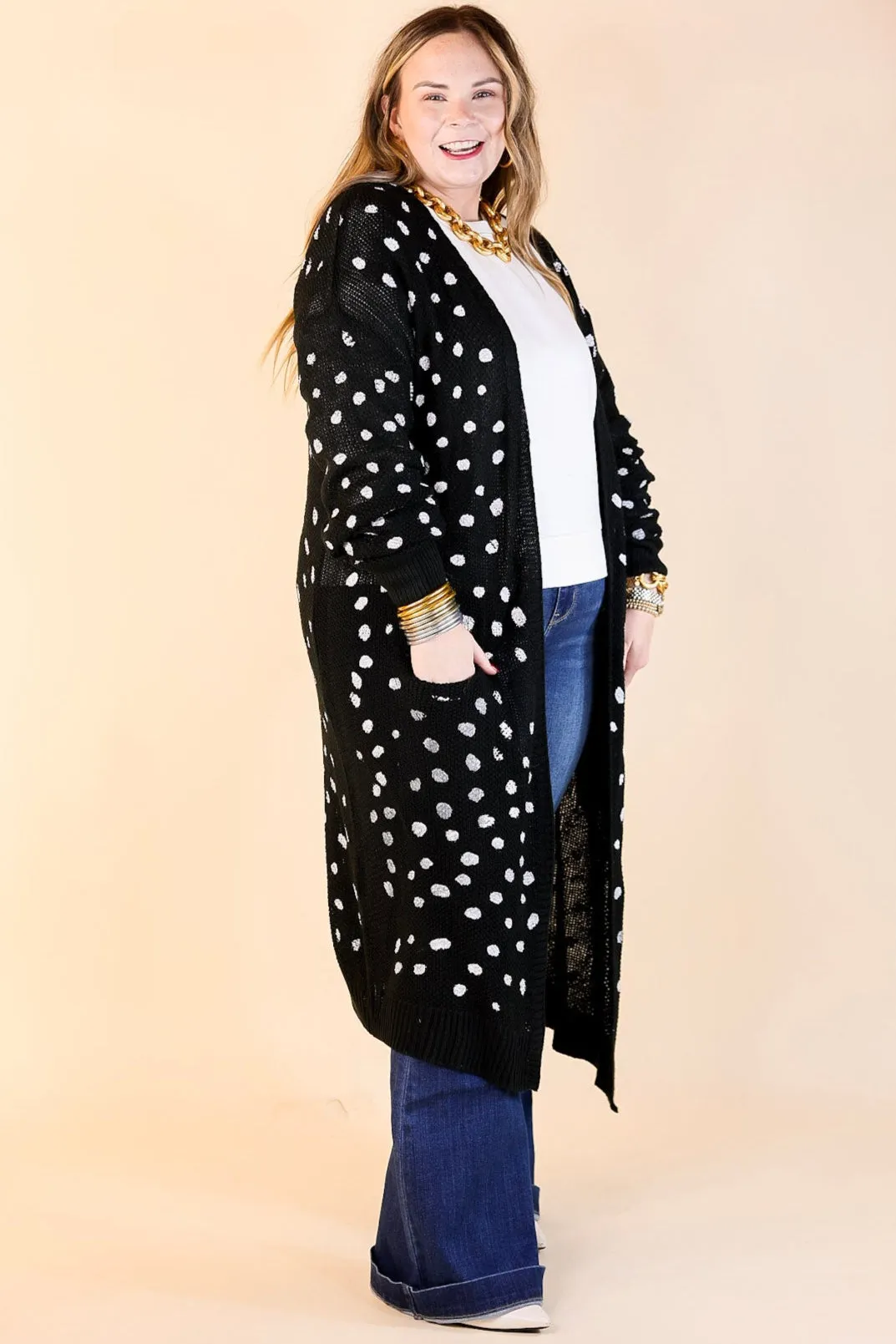 Boho Lifestyle Long Sleeve Polka Dot Duster Cardigan in Black