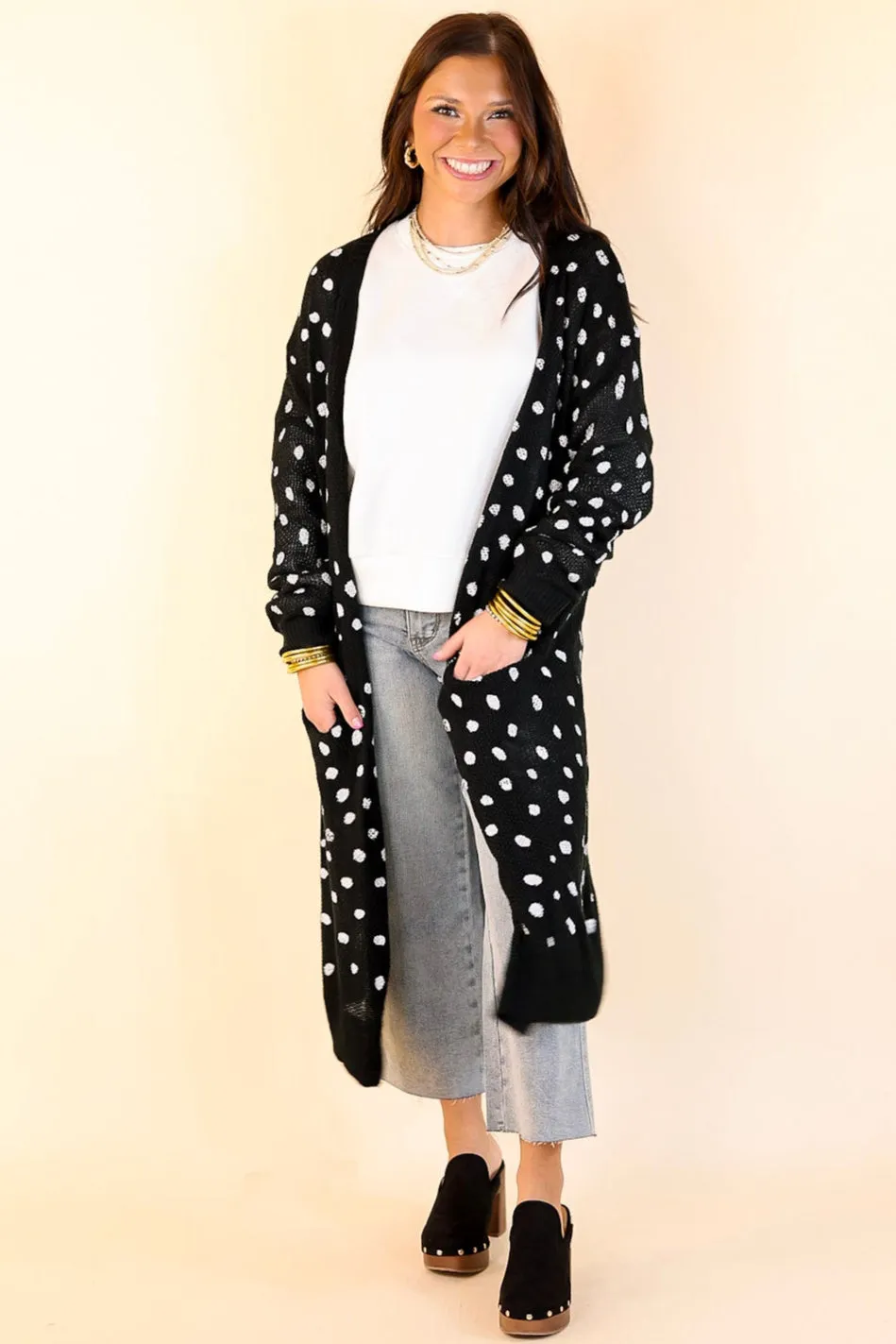 Boho Lifestyle Long Sleeve Polka Dot Duster Cardigan in Black