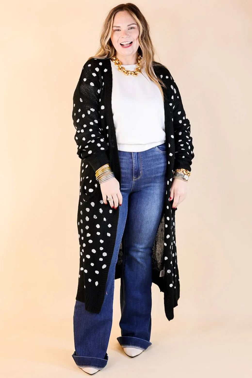 Boho Lifestyle Long Sleeve Polka Dot Duster Cardigan in Black