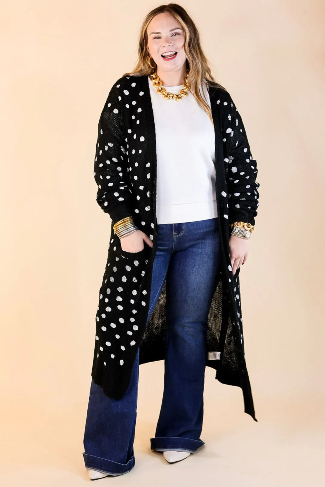 Boho Lifestyle Long Sleeve Polka Dot Duster Cardigan in Black