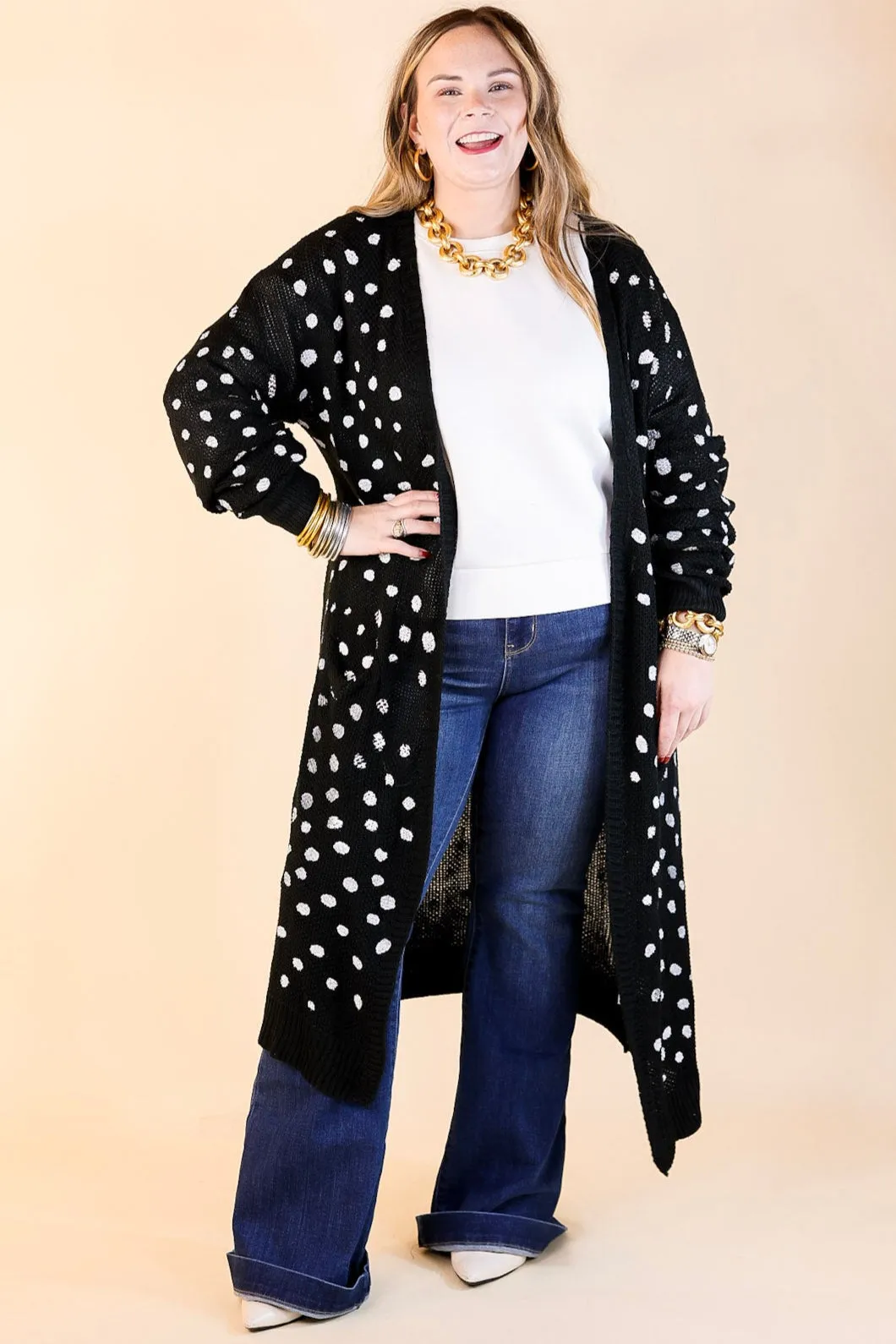 Boho Lifestyle Long Sleeve Polka Dot Duster Cardigan in Black