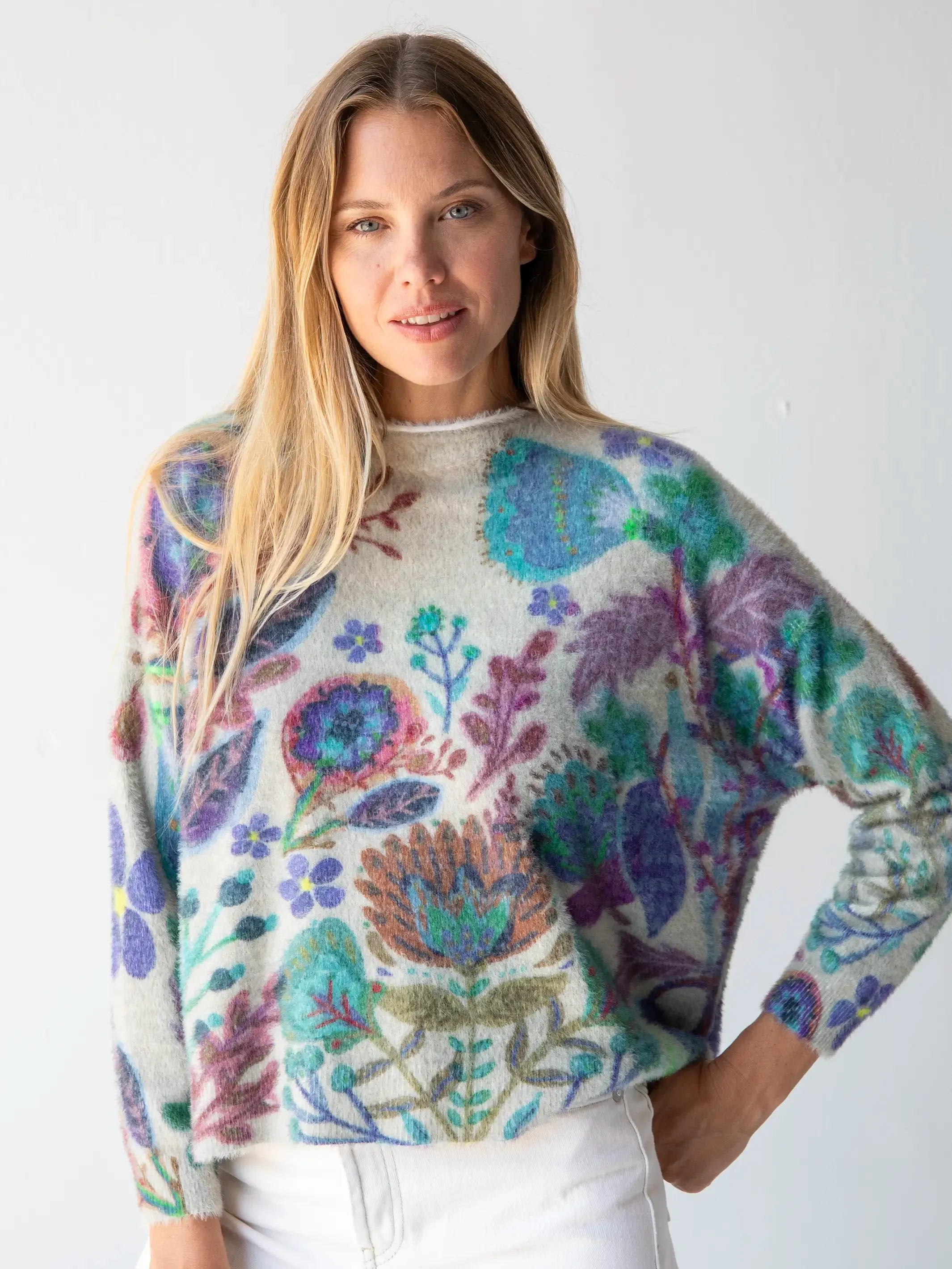 Cashmere-Like Mock Neck Sweater - Ash Folk Flower