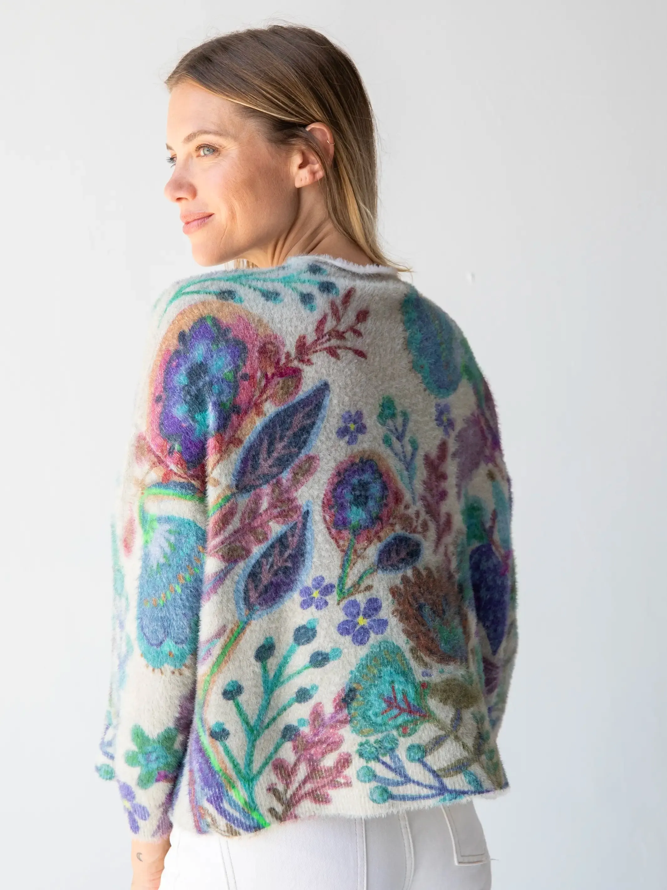 Cashmere-Like Mock Neck Sweater - Ash Folk Flower