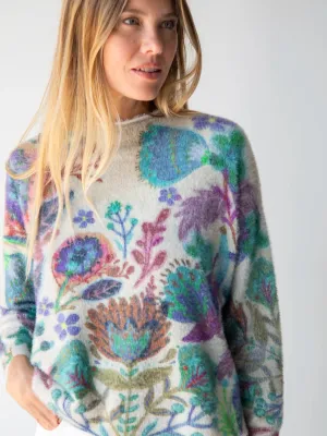 Cashmere-Like Mock Neck Sweater - Ash Folk Flower