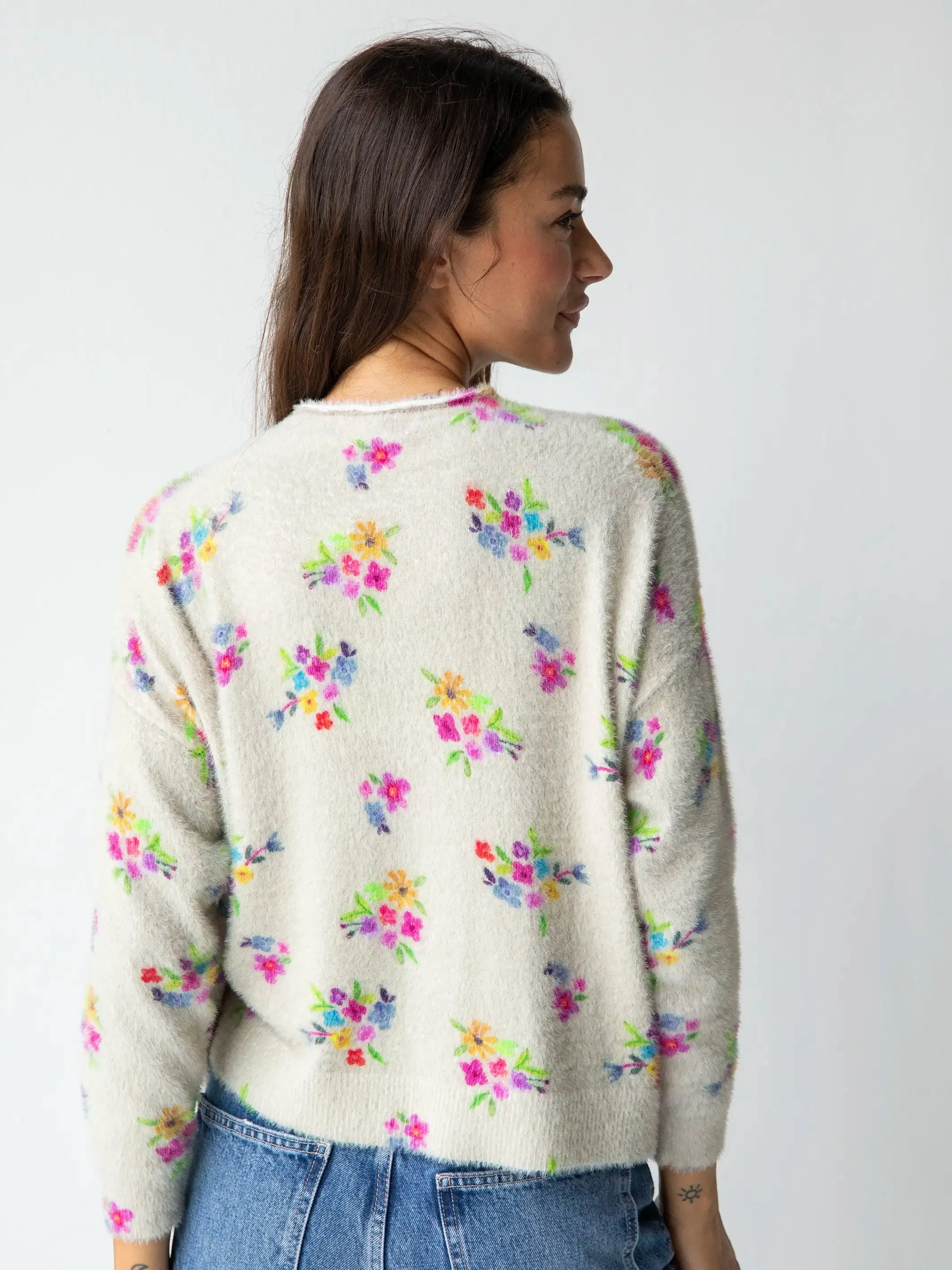 Cashmere-Like Mock Neck Sweater - Cream Multi Floral