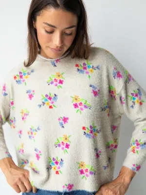 Cashmere-Like Mock Neck Sweater - Cream Multi Floral