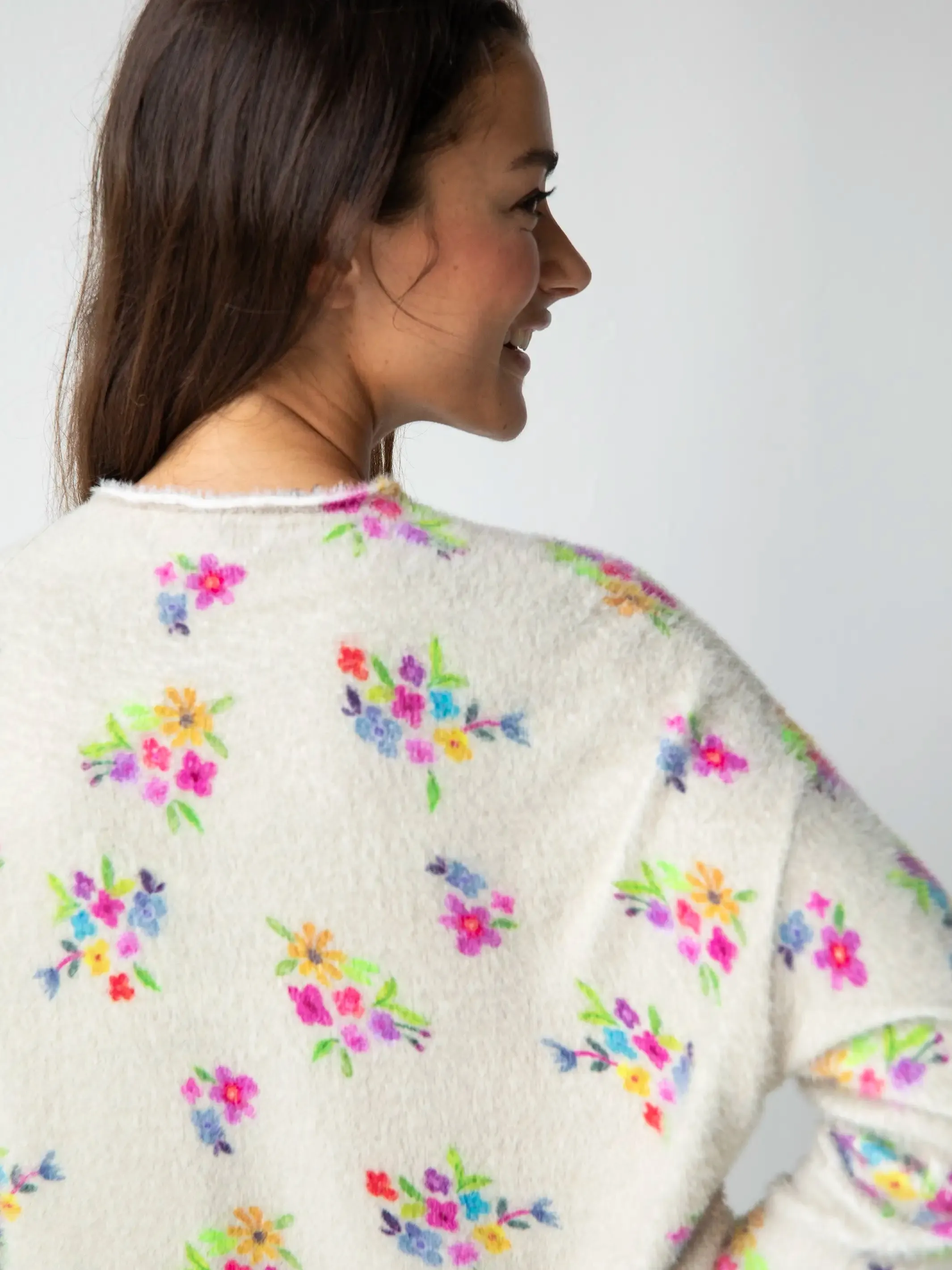 Cashmere-Like Mock Neck Sweater - Cream Multi Floral