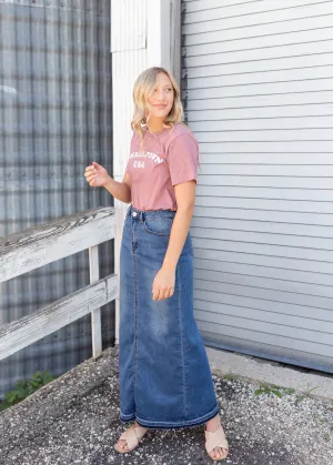 Cheyenne Distressed Raw Hem Long Denim Skirt - FINAL SALE