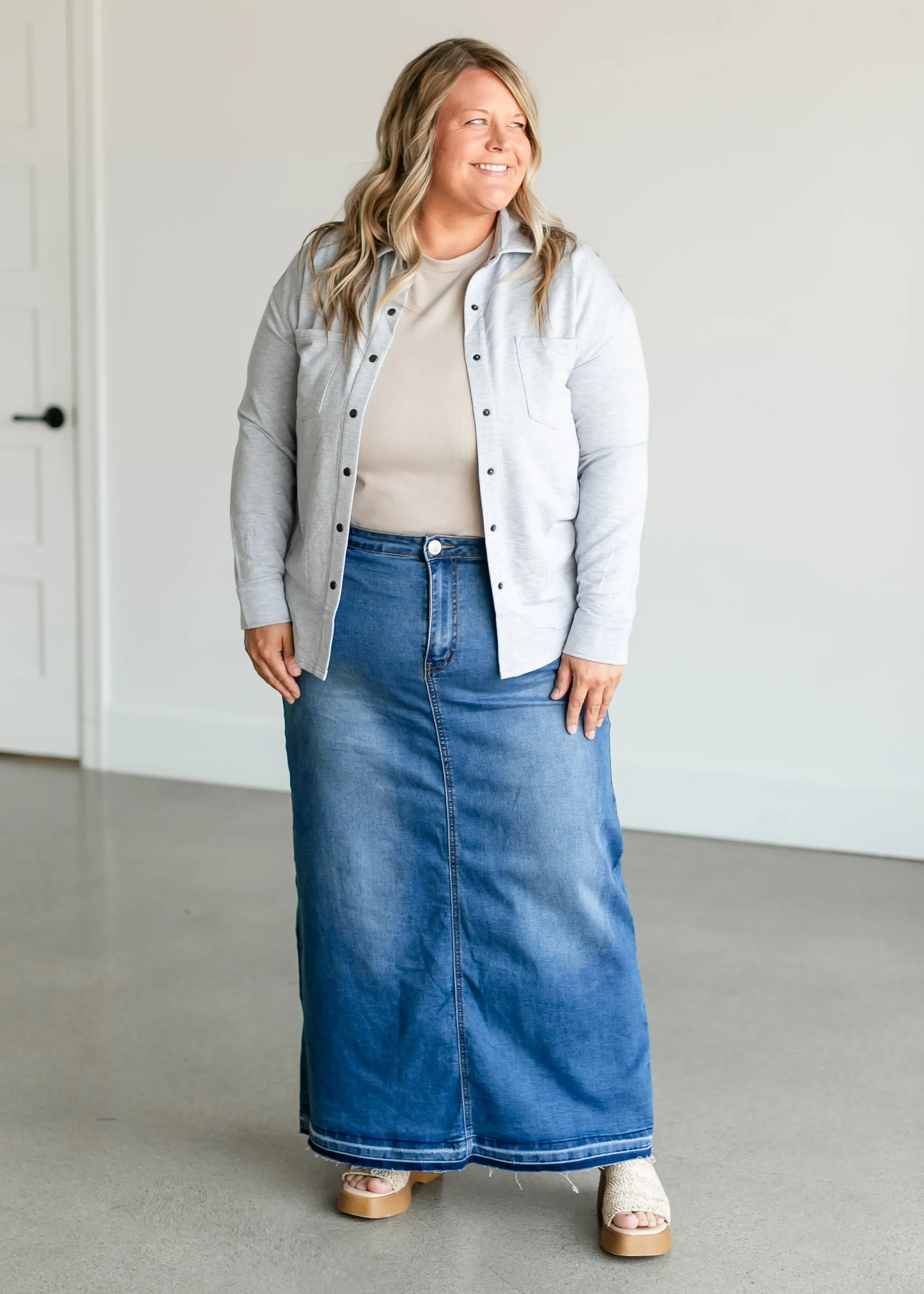 Cheyenne Distressed Raw Hem Long Denim Skirt - FINAL SALE