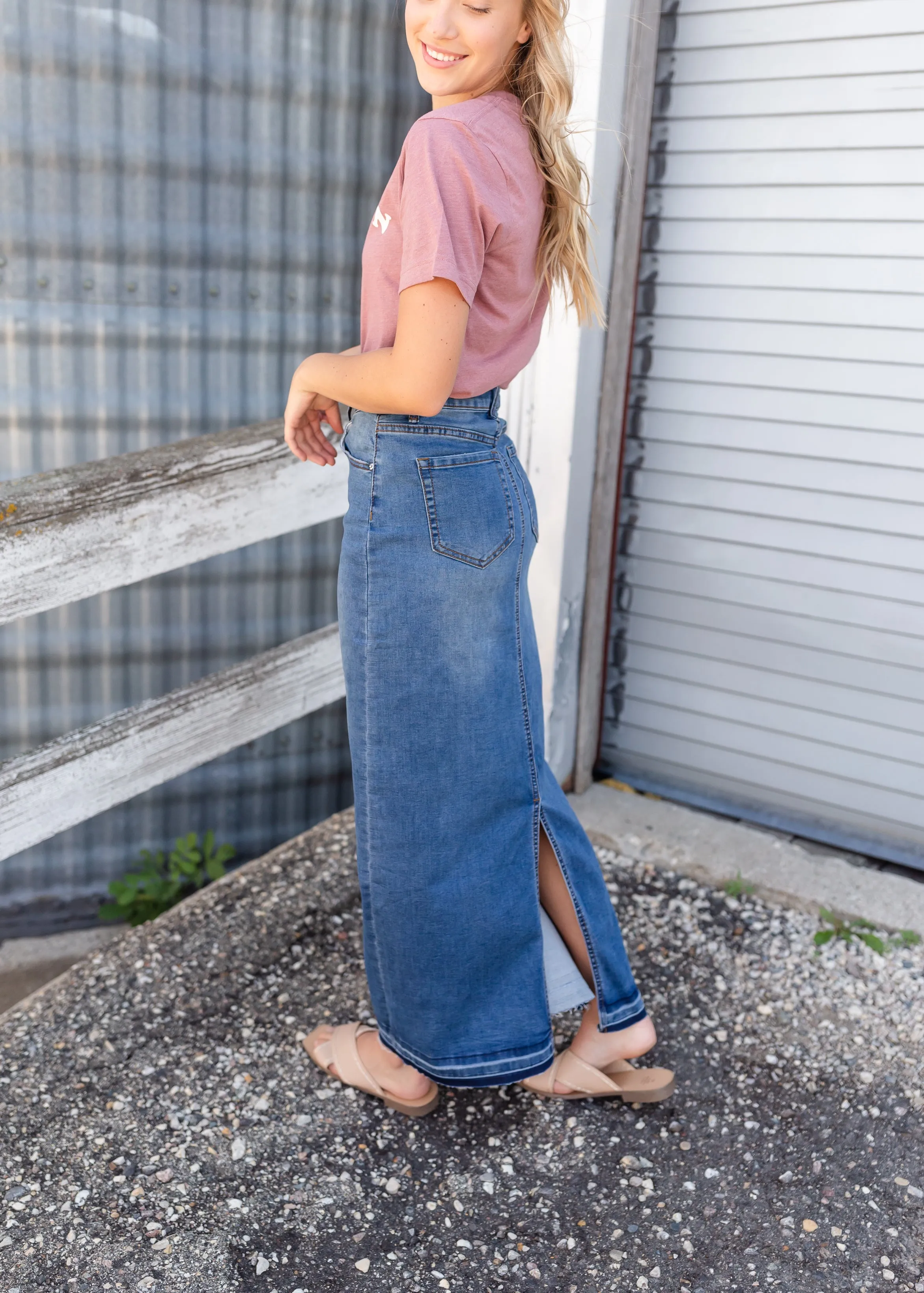 Cheyenne Distressed Raw Hem Long Denim Skirt - FINAL SALE