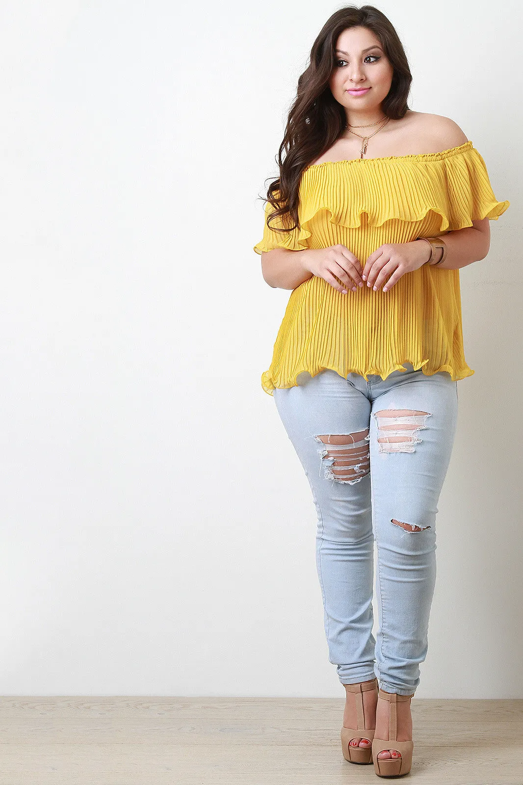 Chiffon Off The Shoulder Pleated Ruffle Blouse