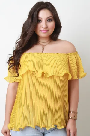 Chiffon Off The Shoulder Pleated Ruffle Blouse