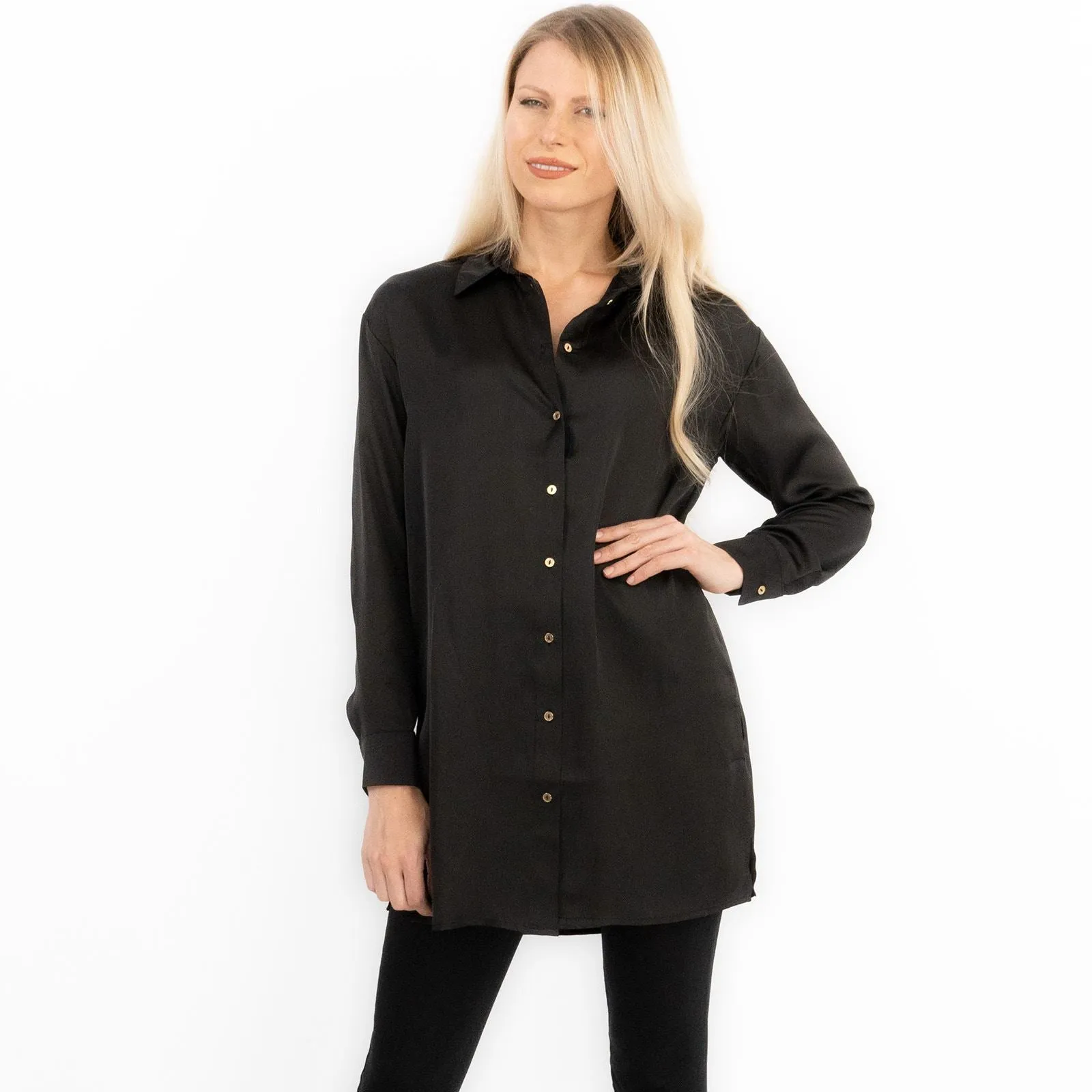 Coast Black Drap Satin Longline Long Sleeve Tunic Shirt