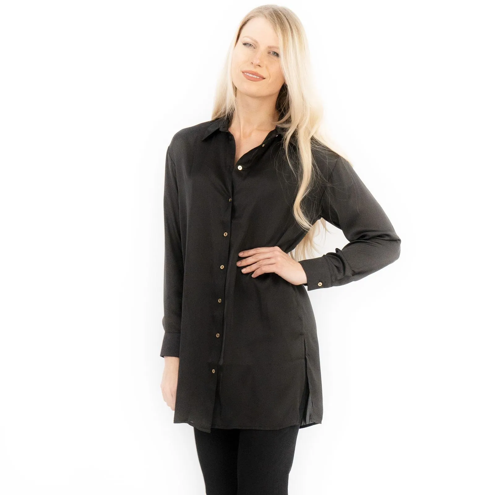 Coast Black Drap Satin Longline Long Sleeve Tunic Shirt