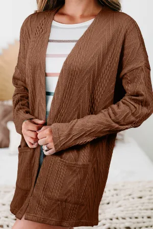 Coffee Solid Textured Open Front Cardigan with Pocket