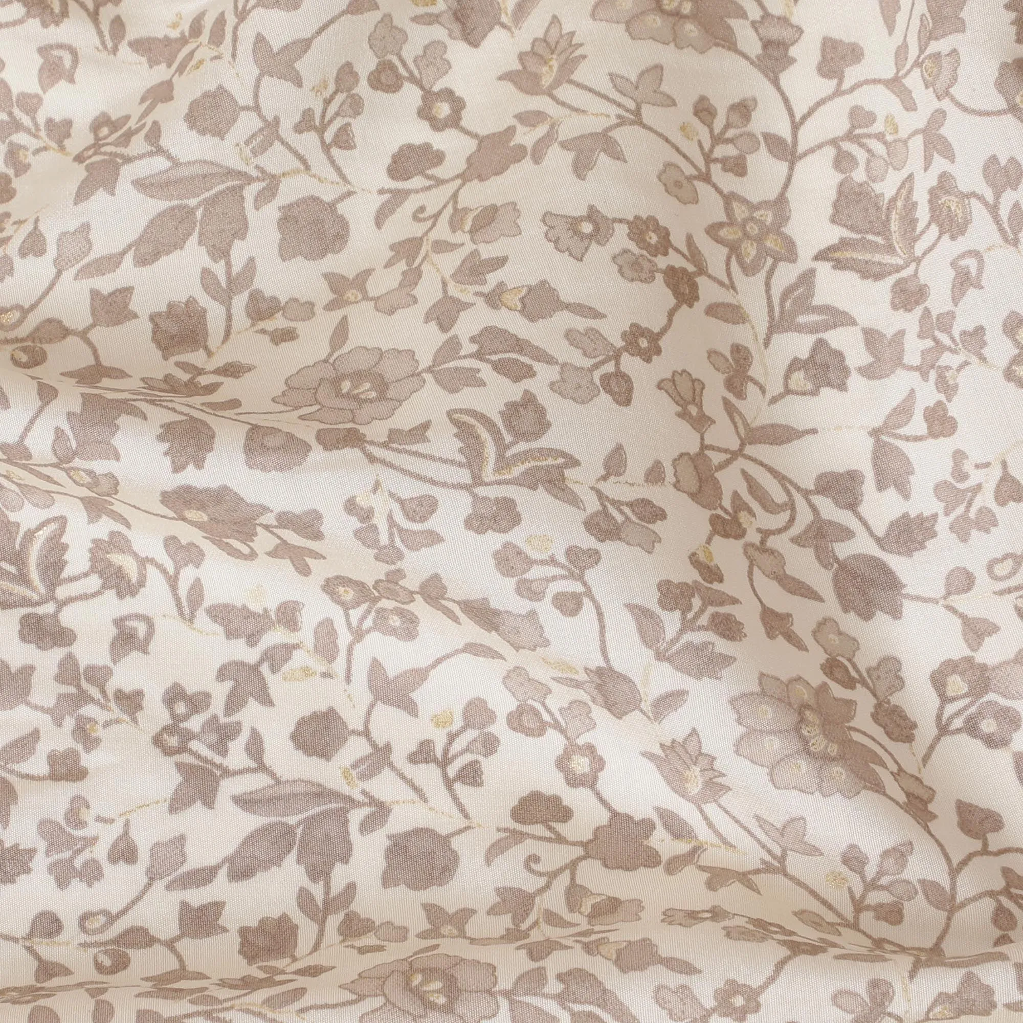 Cream synthetic blended cotton fabric with pale brown print in floral design-D16408