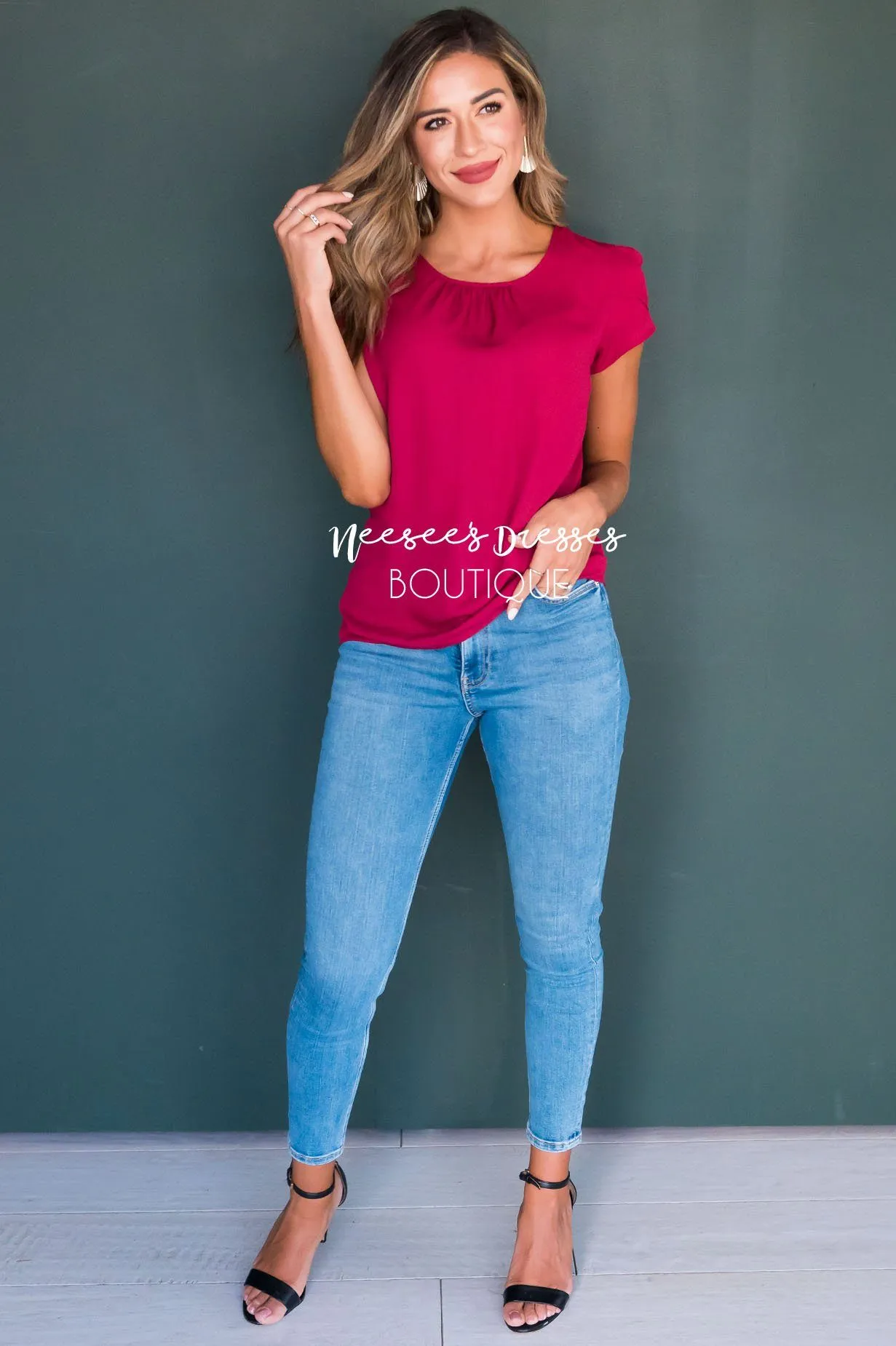 Deep Red Chiffon Tulip Sleeve Top