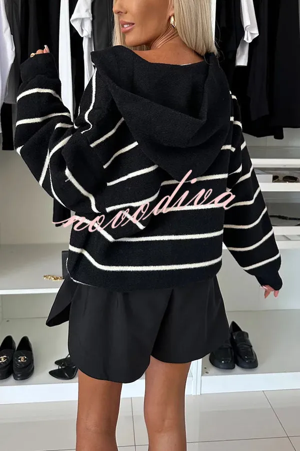 Fashion and Comfort Knit Striped Button Up Pocketed Loose Hooded Cardigan