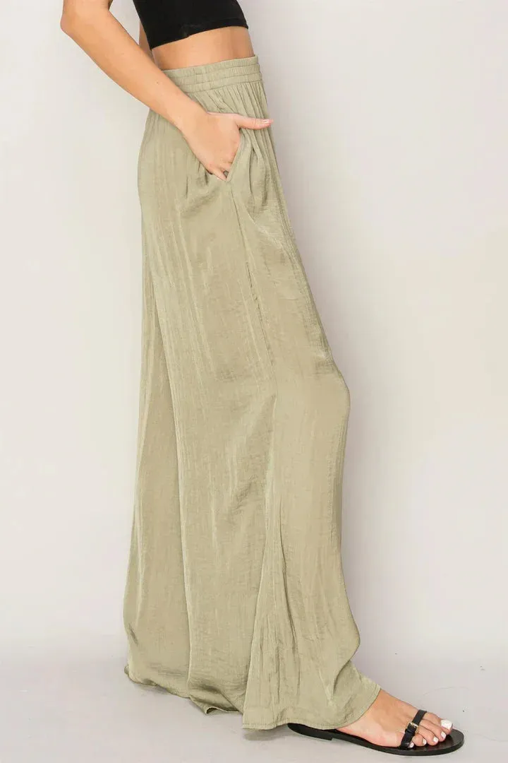 FLOWY WASHED SATIN WIDE-LEG PANTS