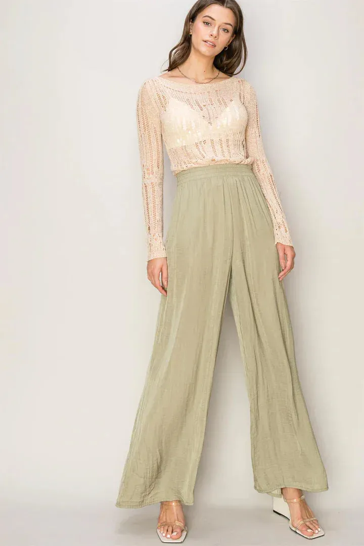 FLOWY WASHED SATIN WIDE-LEG PANTS