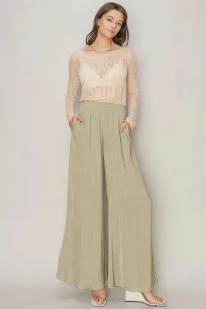 FLOWY WASHED SATIN WIDE-LEG PANTS