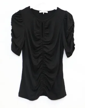 Frame - Shirred Keyhole Knit Top in Noir