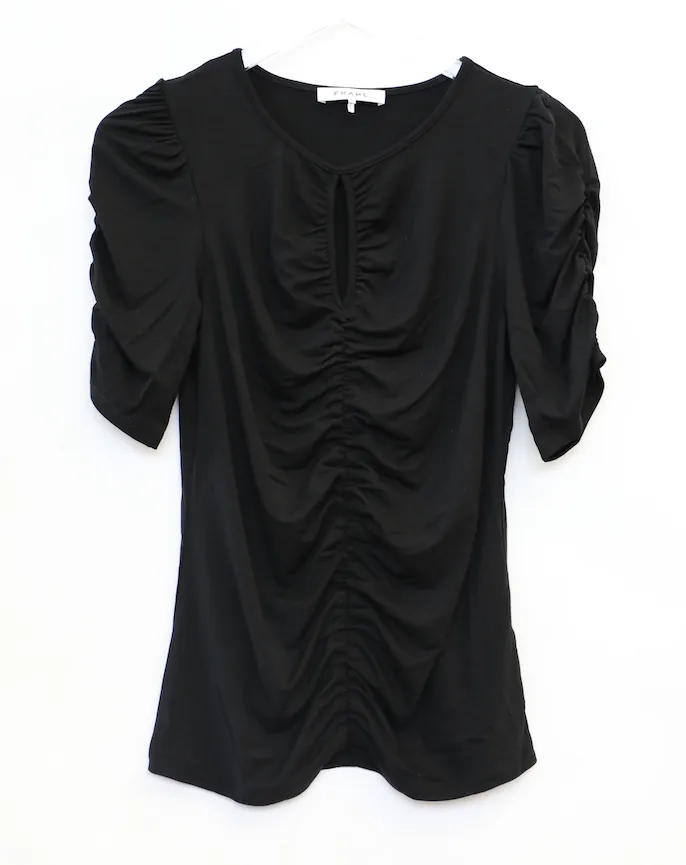 Frame - Shirred Keyhole Knit Top in Noir