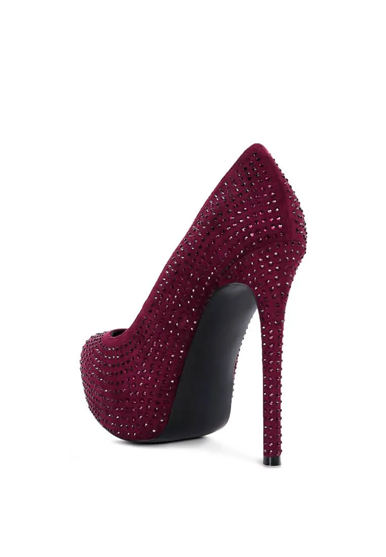 Glamorous Diamante-Studded Faux Suede Stiletto Heels