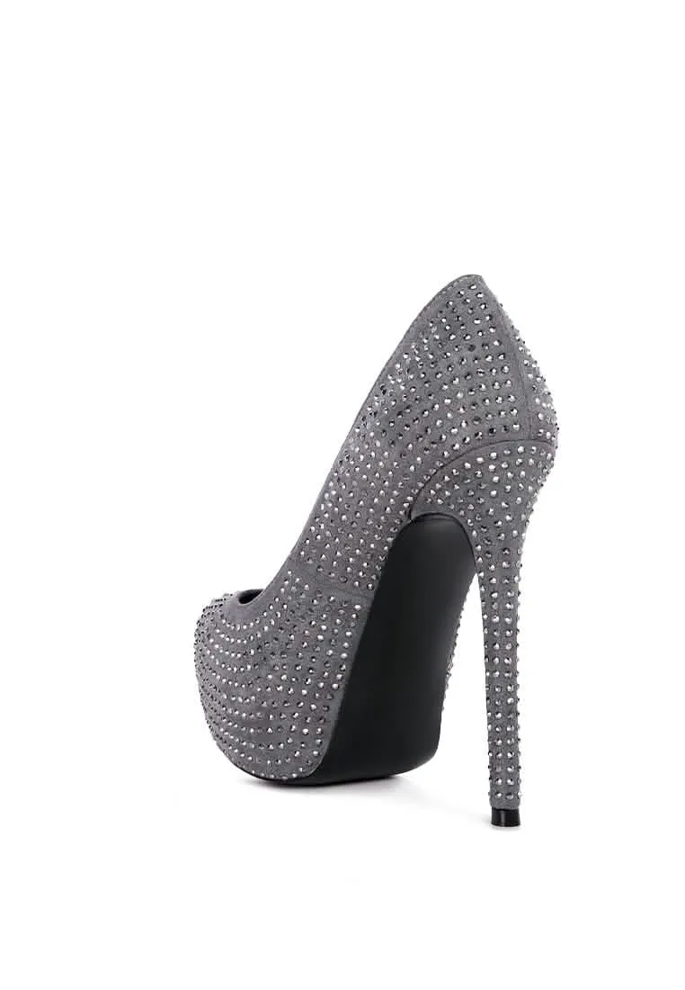 Glamorous Diamante-Studded Faux Suede Stiletto Heels