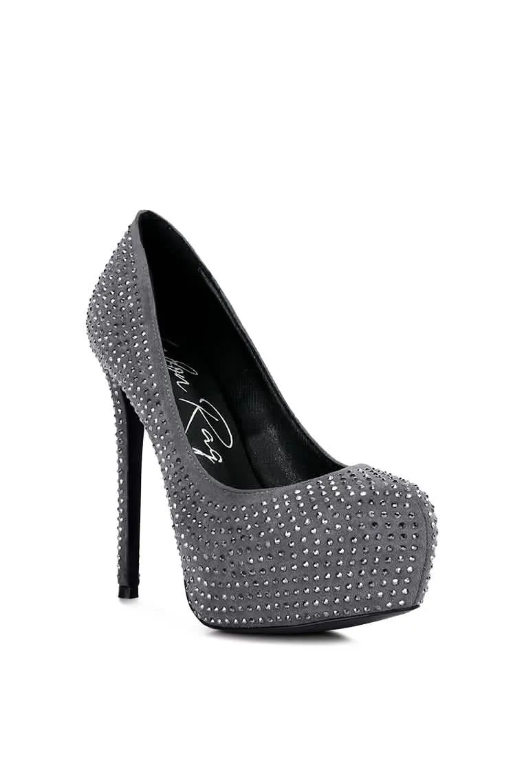 Glamorous Diamante-Studded Faux Suede Stiletto Heels