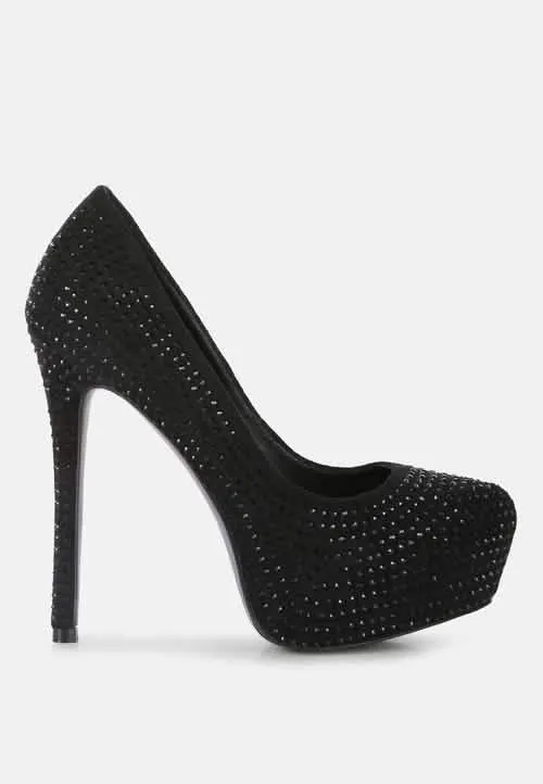 Glamorous Diamante-Studded Faux Suede Stiletto Heels