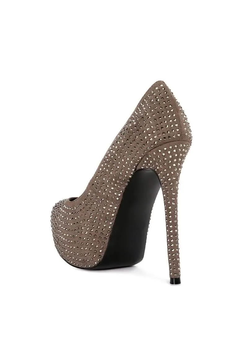 Glamorous Diamante-Studded Faux Suede Stiletto Heels