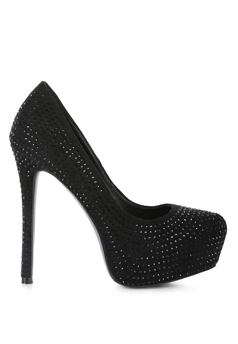 Glamorous Diamante-Studded Faux Suede Stiletto Heels