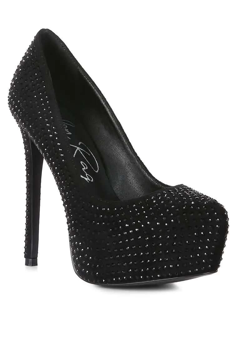 Glamorous Diamante-Studded Faux Suede Stiletto Heels