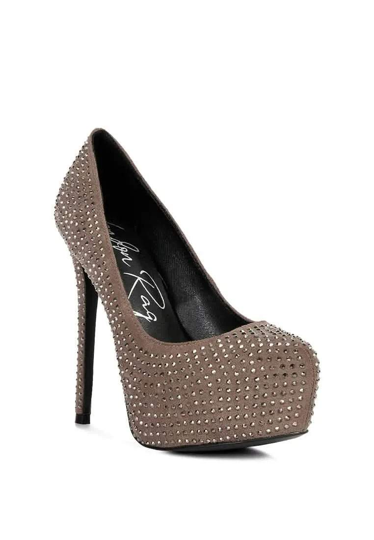 Glamorous Diamante-Studded Faux Suede Stiletto Heels