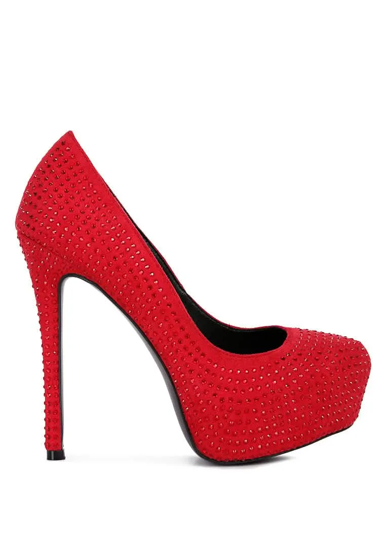 Glamorous Diamante-Studded Faux Suede Stiletto Heels