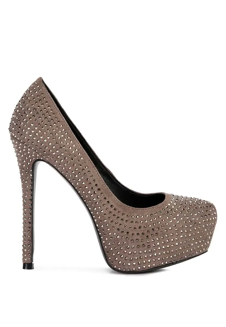 Glamorous Diamante-Studded Faux Suede Stiletto Heels